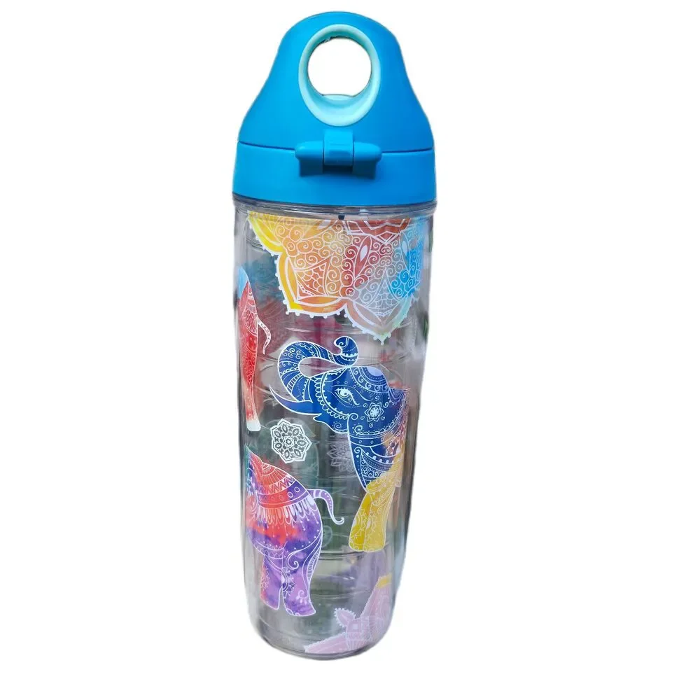 Tervis Tumbler 24oz Mehndi Elephants Insulated Water Bottle Blue Flip Lid